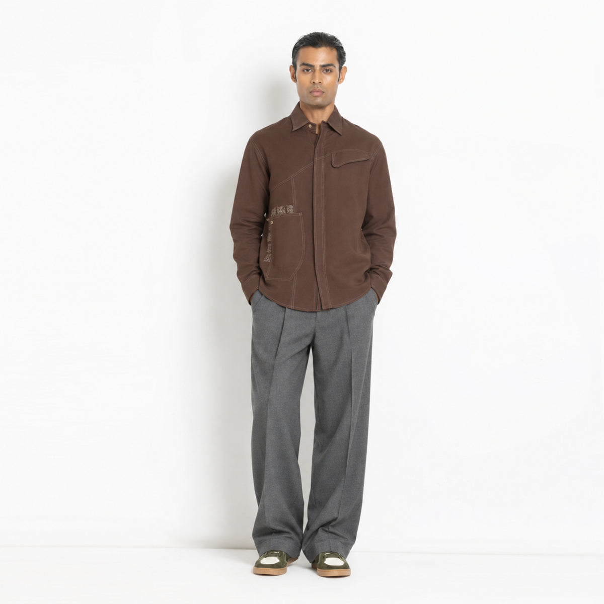 Kara - Saddle-stitch Shirt - Dark Brown For Men