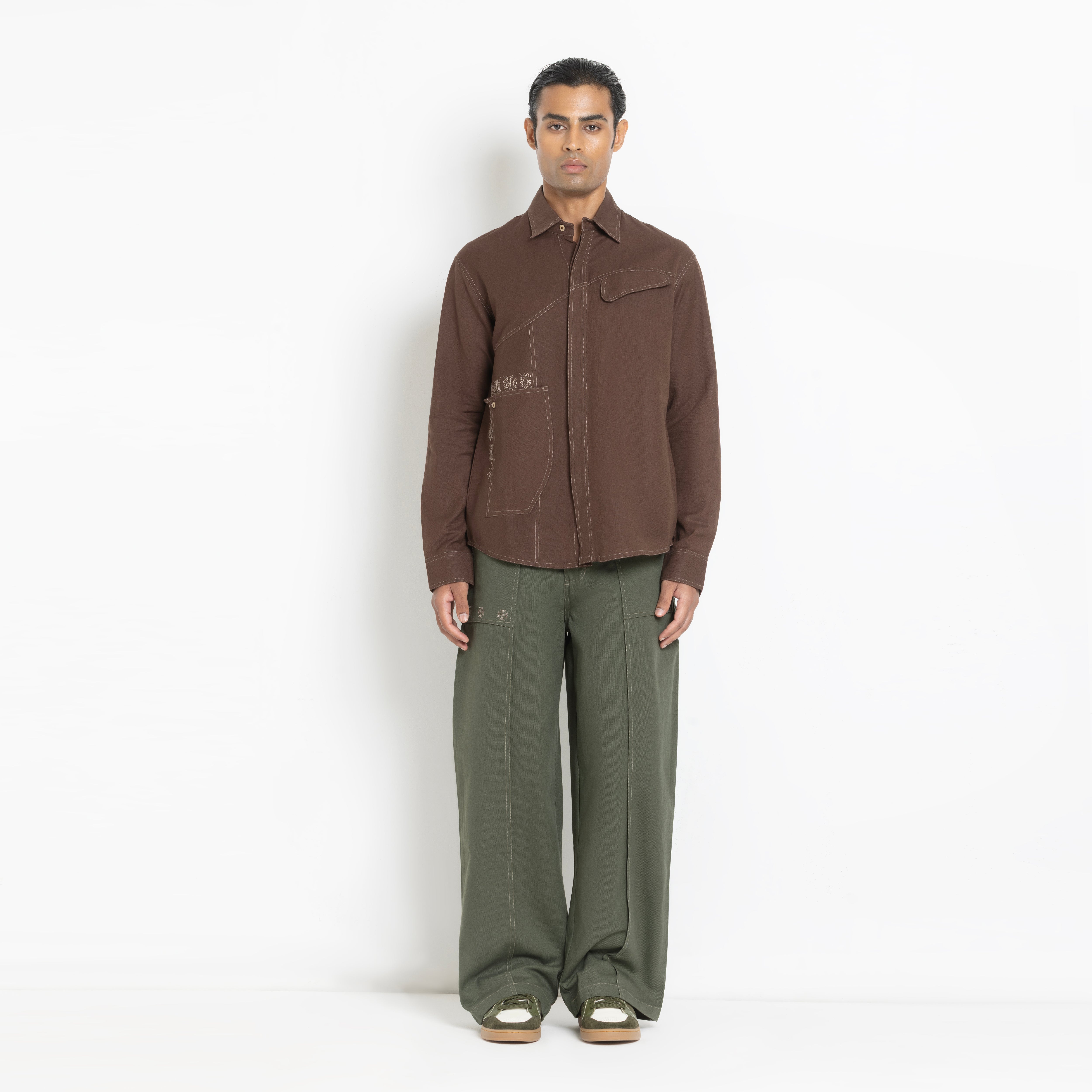 Kara - Saddle-stitch Shirt - Dark Brown For Men