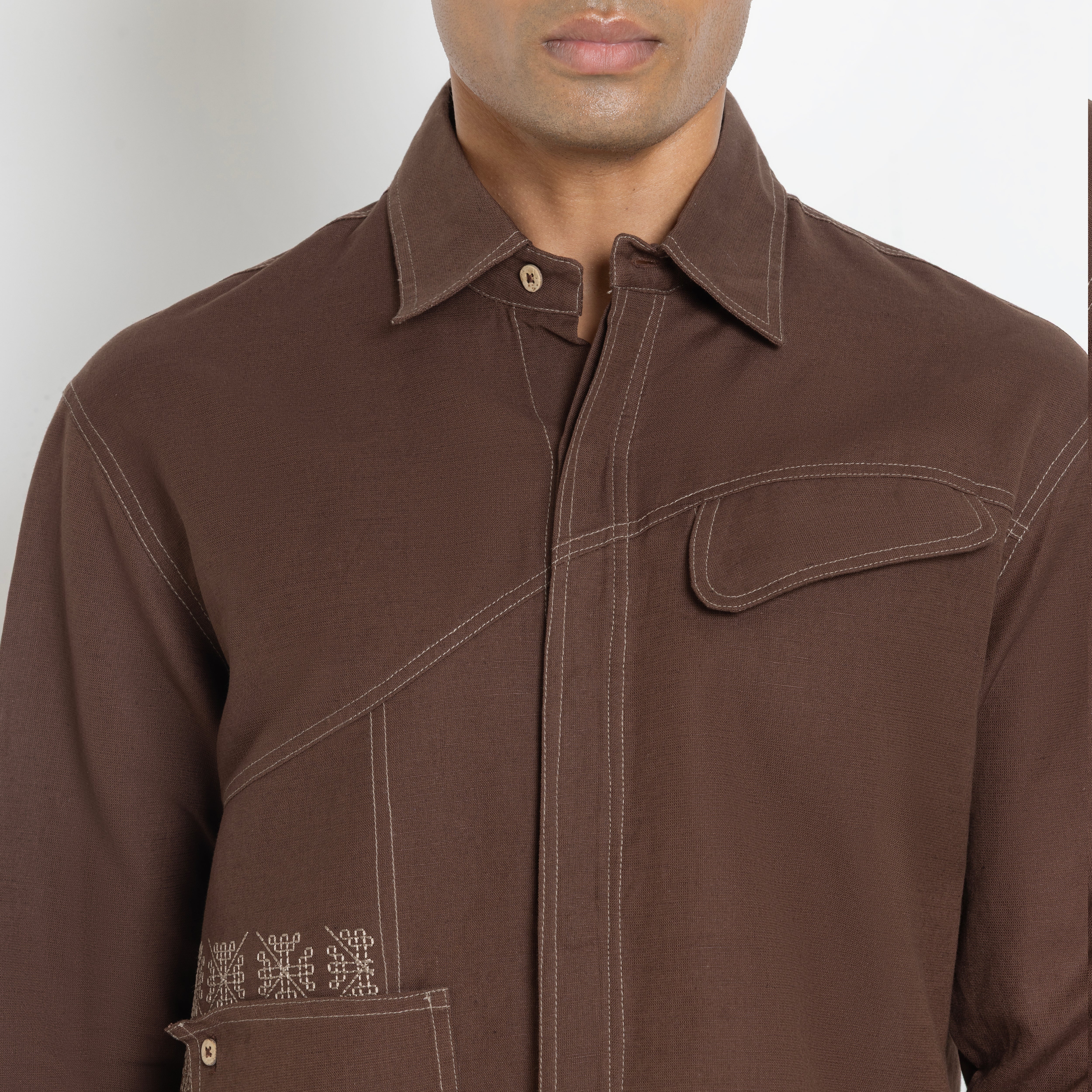 Kara - Saddle-stitch Shirt - Dark Brown For Men