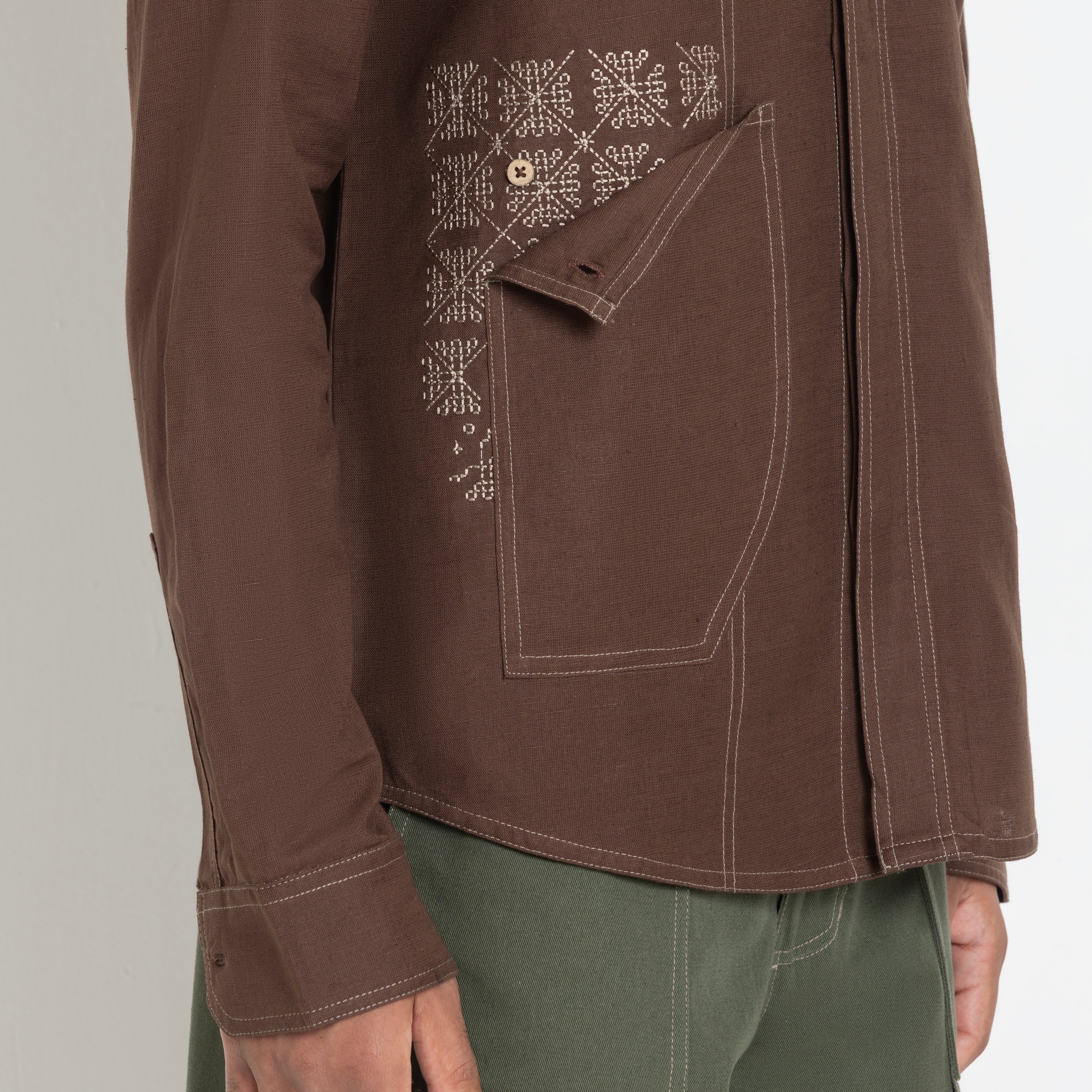 Kara - Saddle-stitch Shirt - Dark Brown For Men