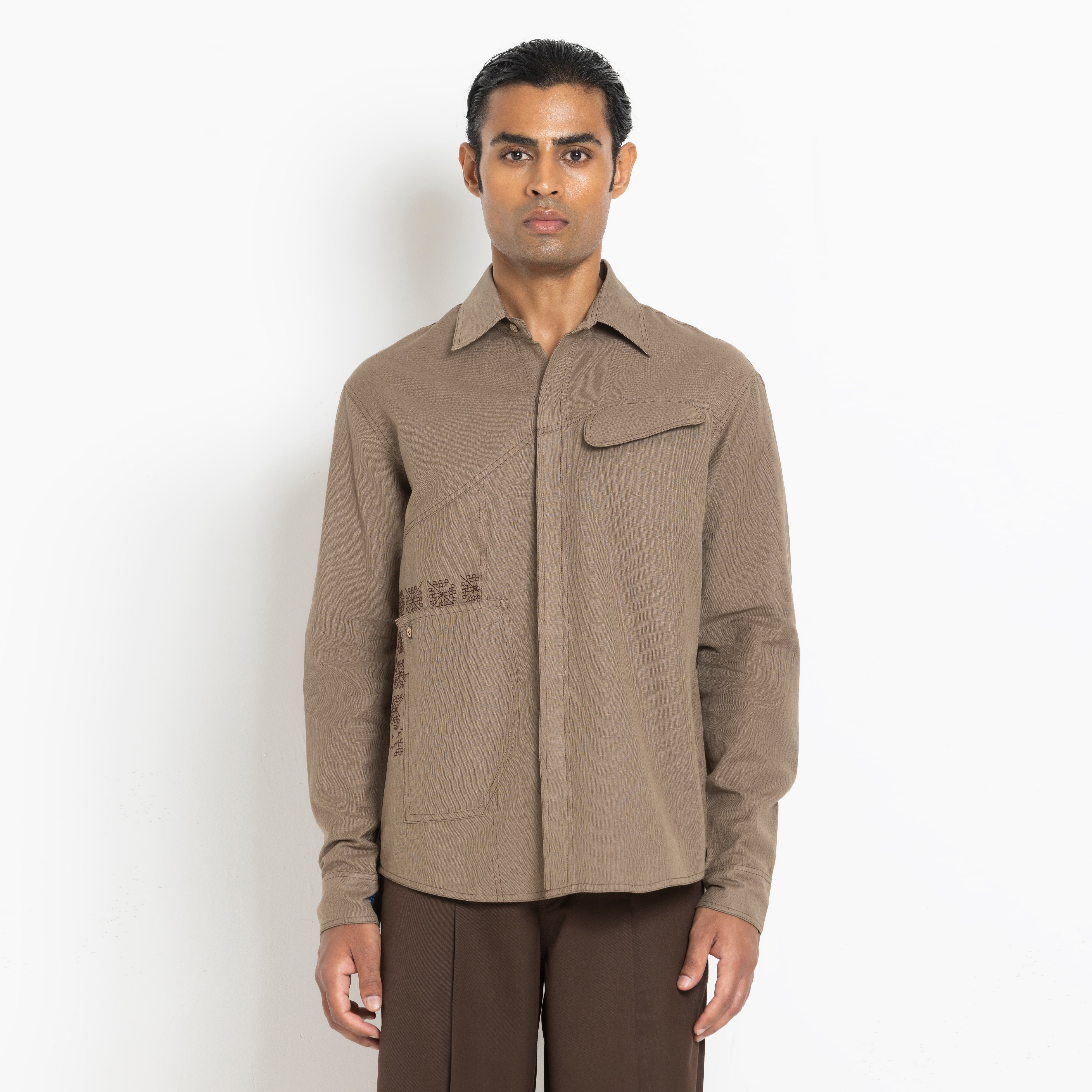 Kara - Saddle-stitch Shirt - Light Brown For Men