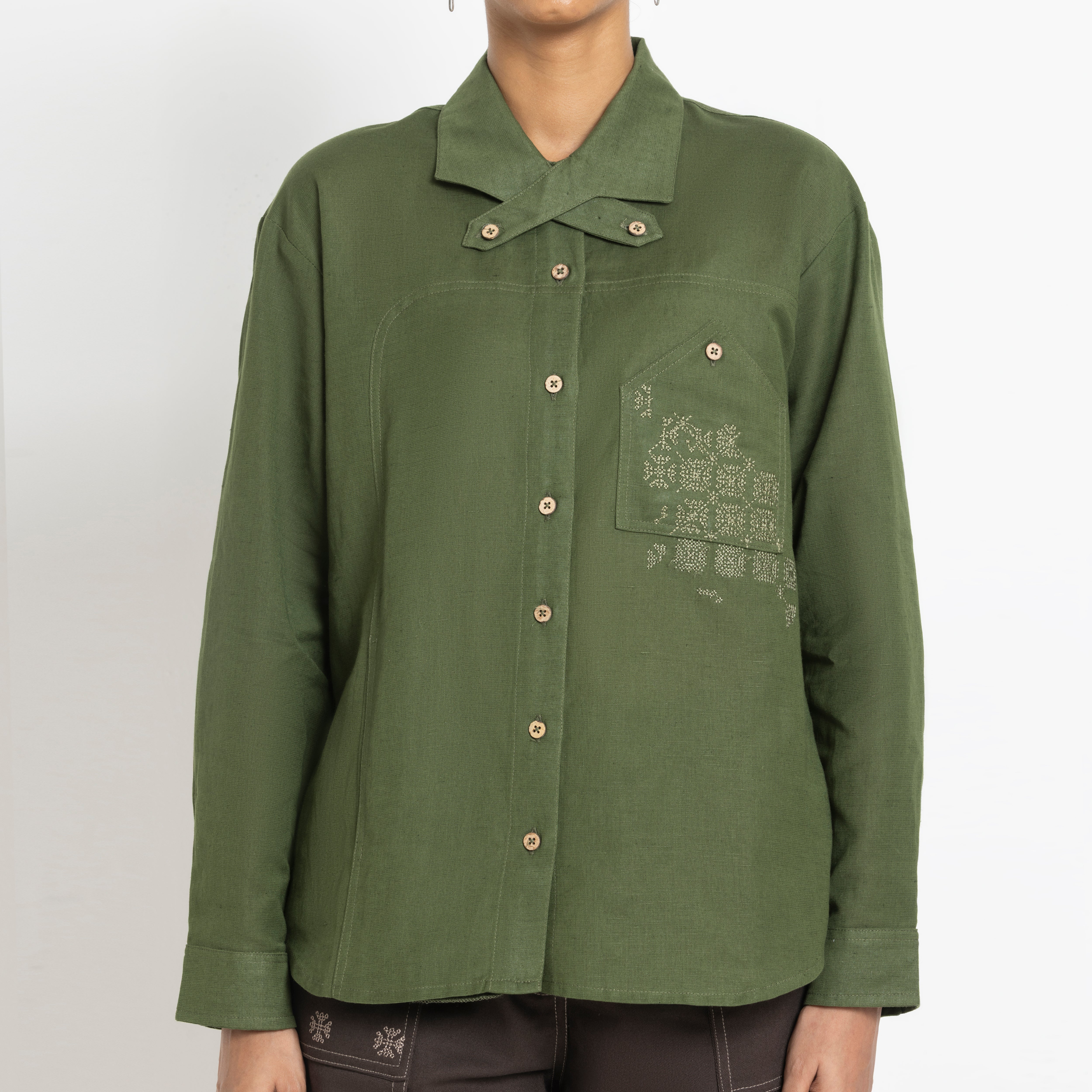 Kara - Cross-collar Shirt - Olive Green For Women