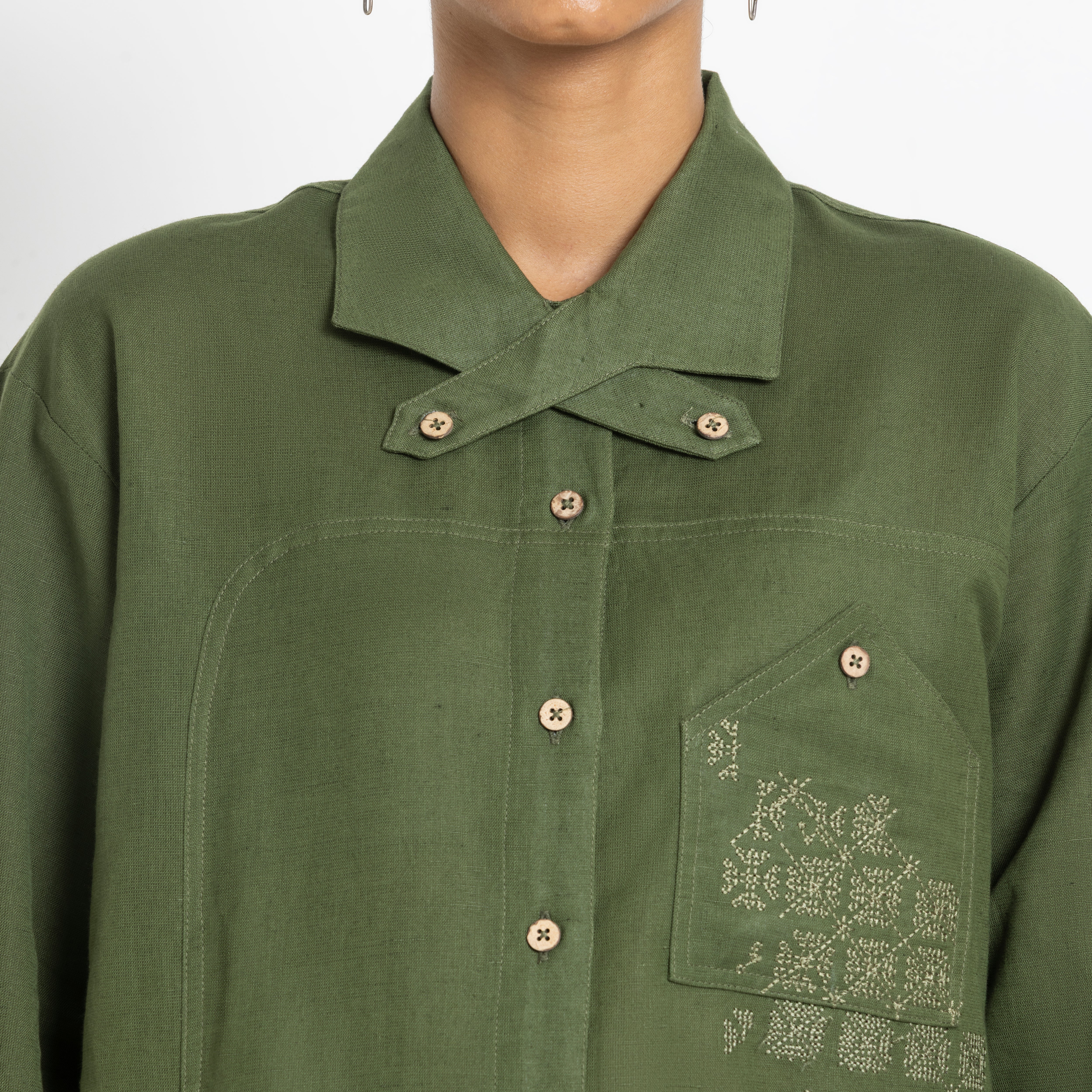 Kara - Cross-collar Shirt - Olive Green For Women