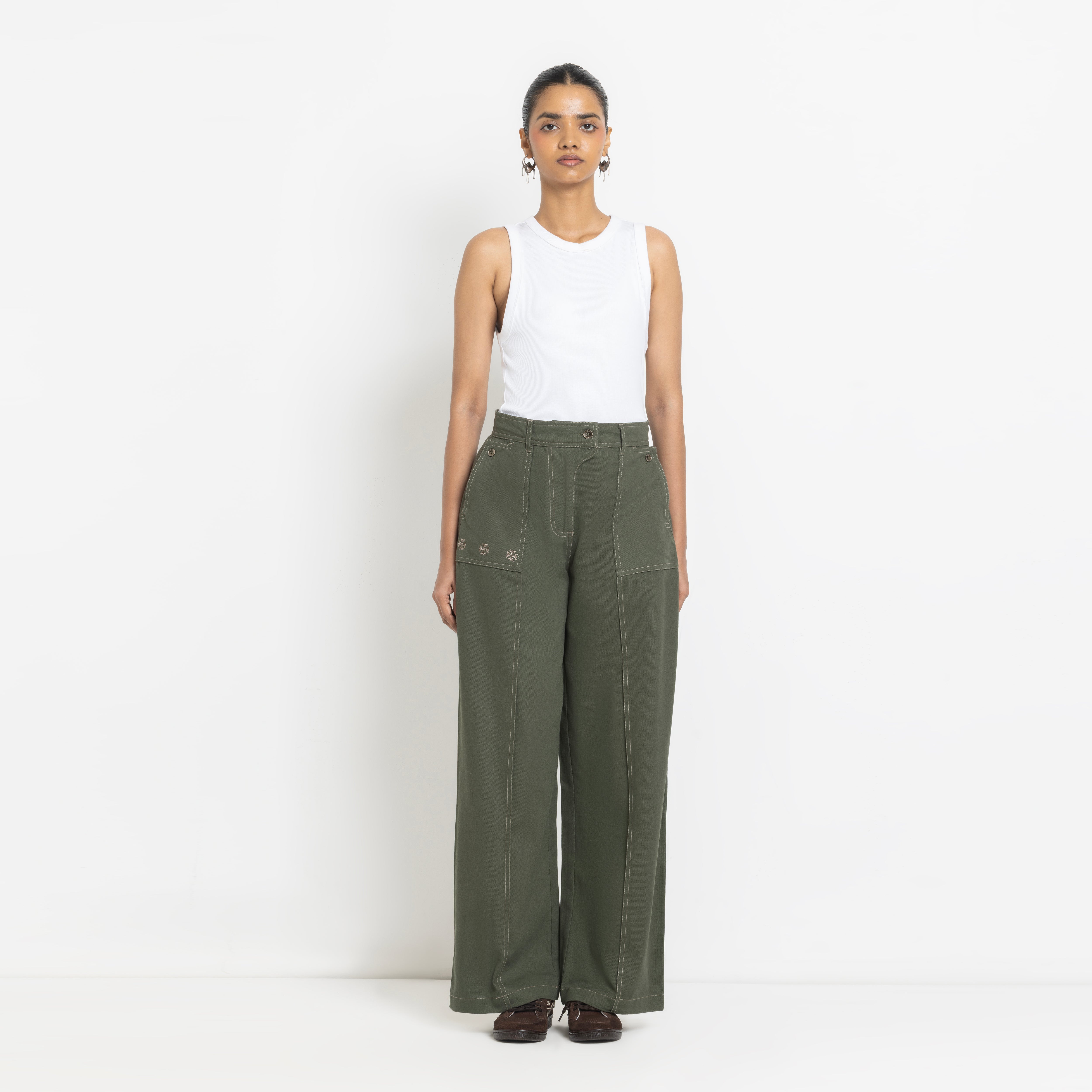 Kara - Pintuck Pant - Olive Green For Women