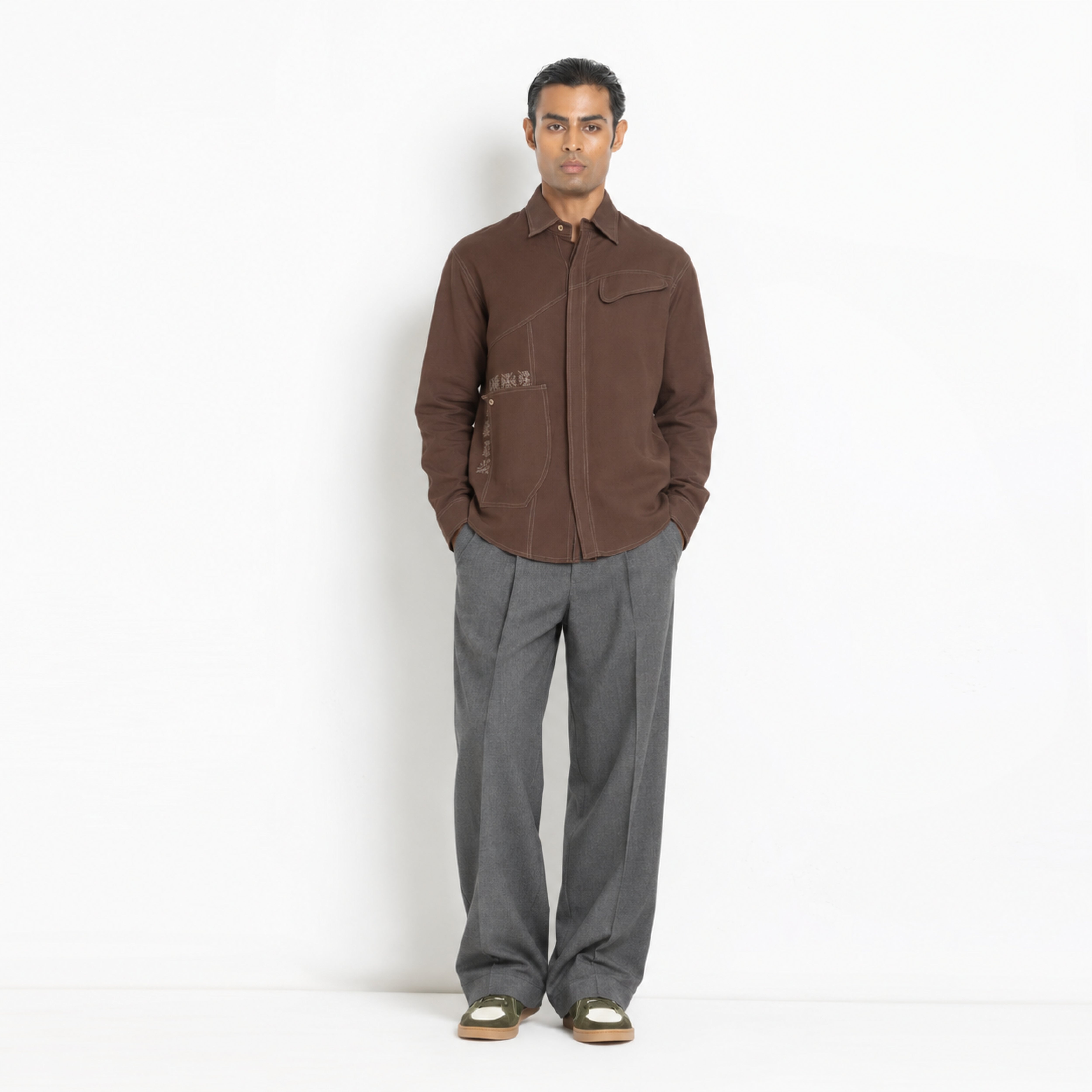 Kara - Saddle-stitch Shirt - Dark Brown For Men