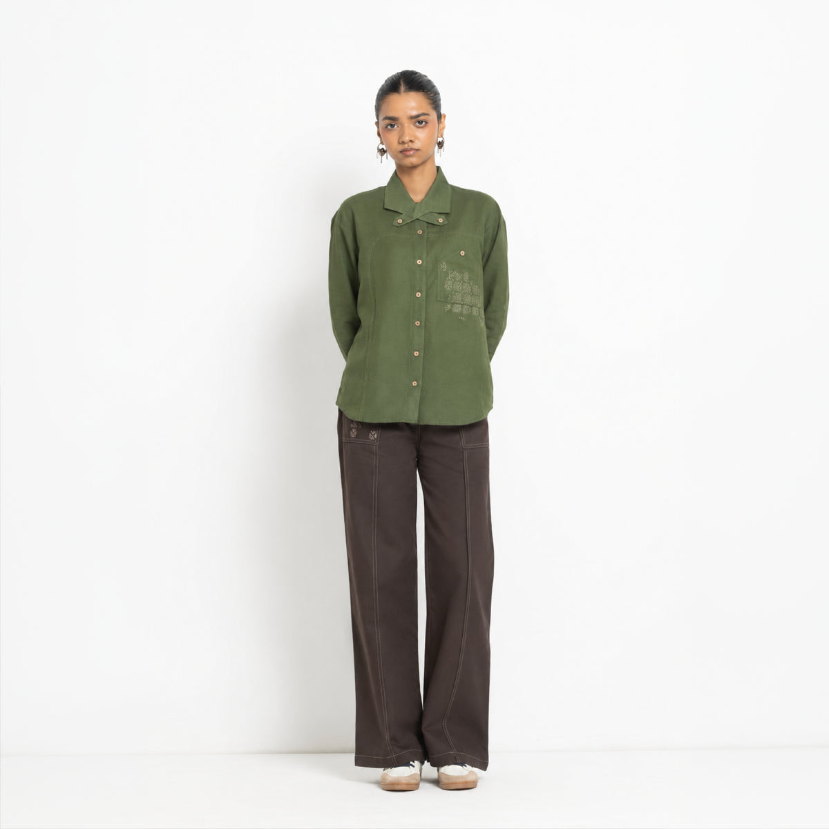 Kara - Cross-collar Shirt - Olive Green For Women