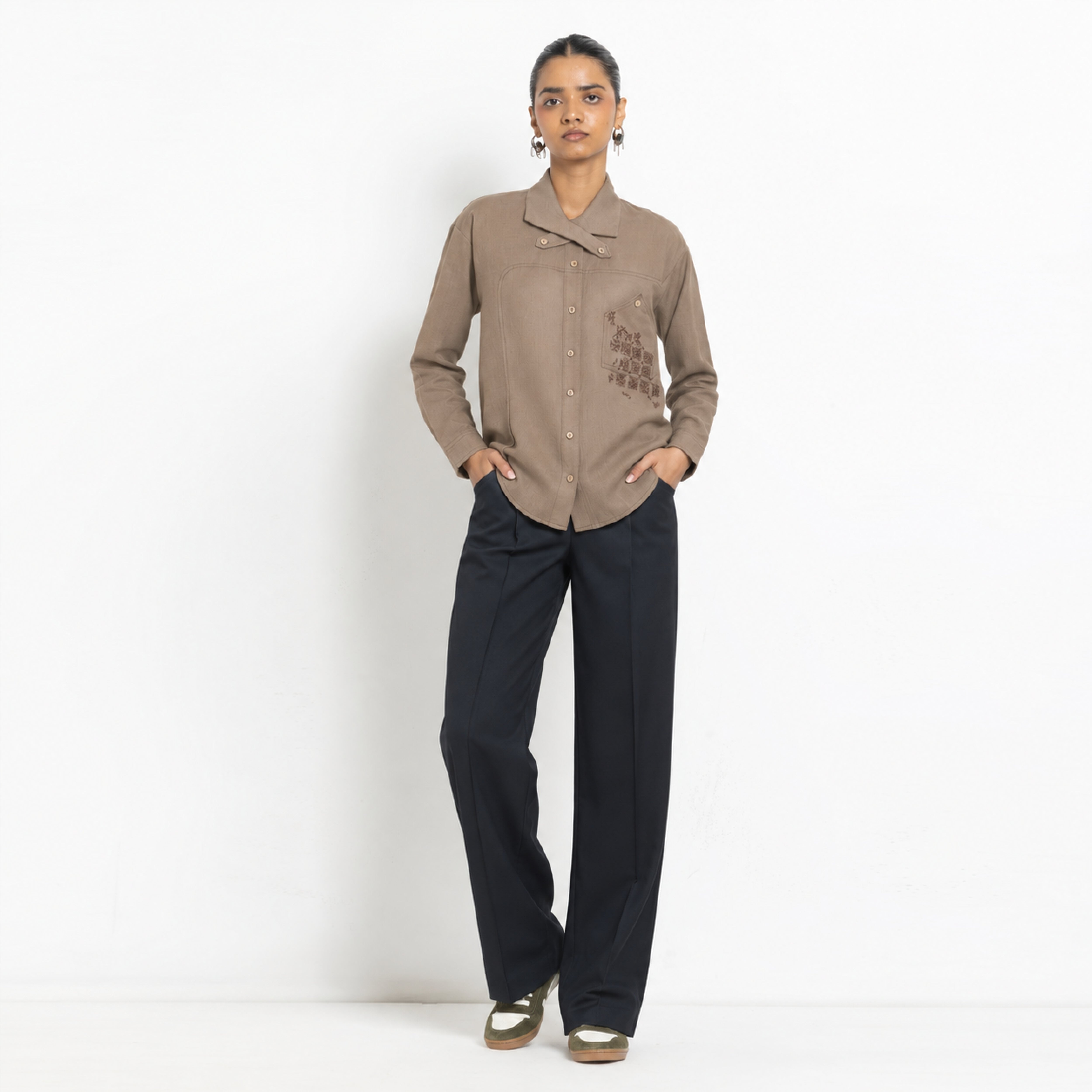 Kara - Cross-collar Shirt - Brown For Women