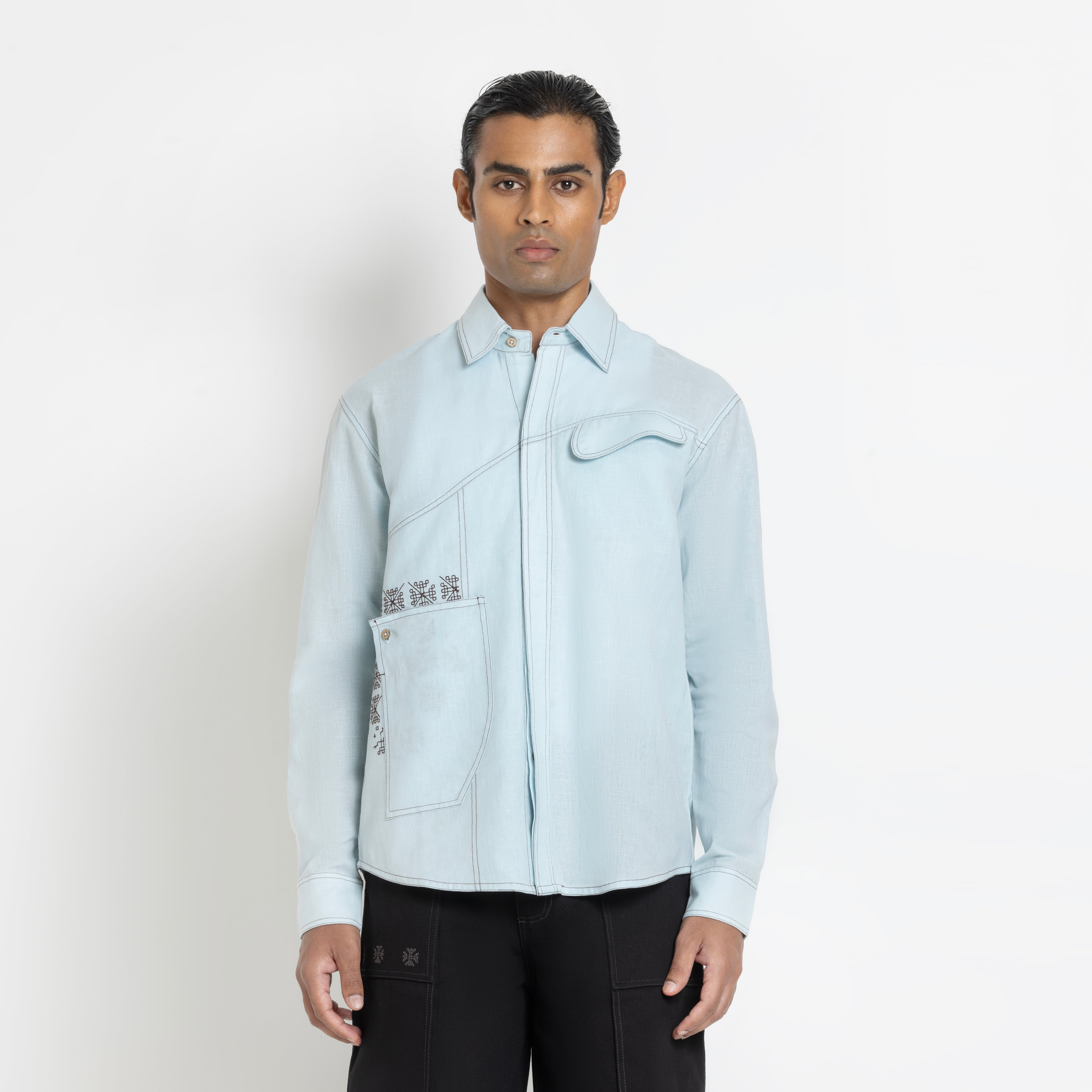 Kara - Saddle-stitch Shirt - Powder Blue For Men