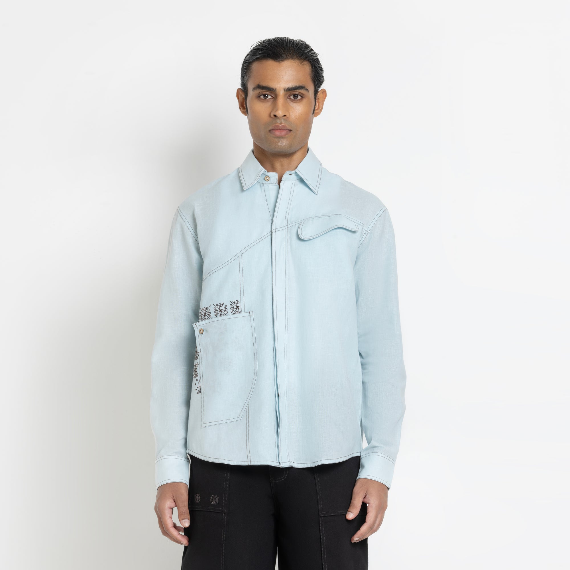 Kara - Saddle-stitch Shirt - Powder Blue For Men