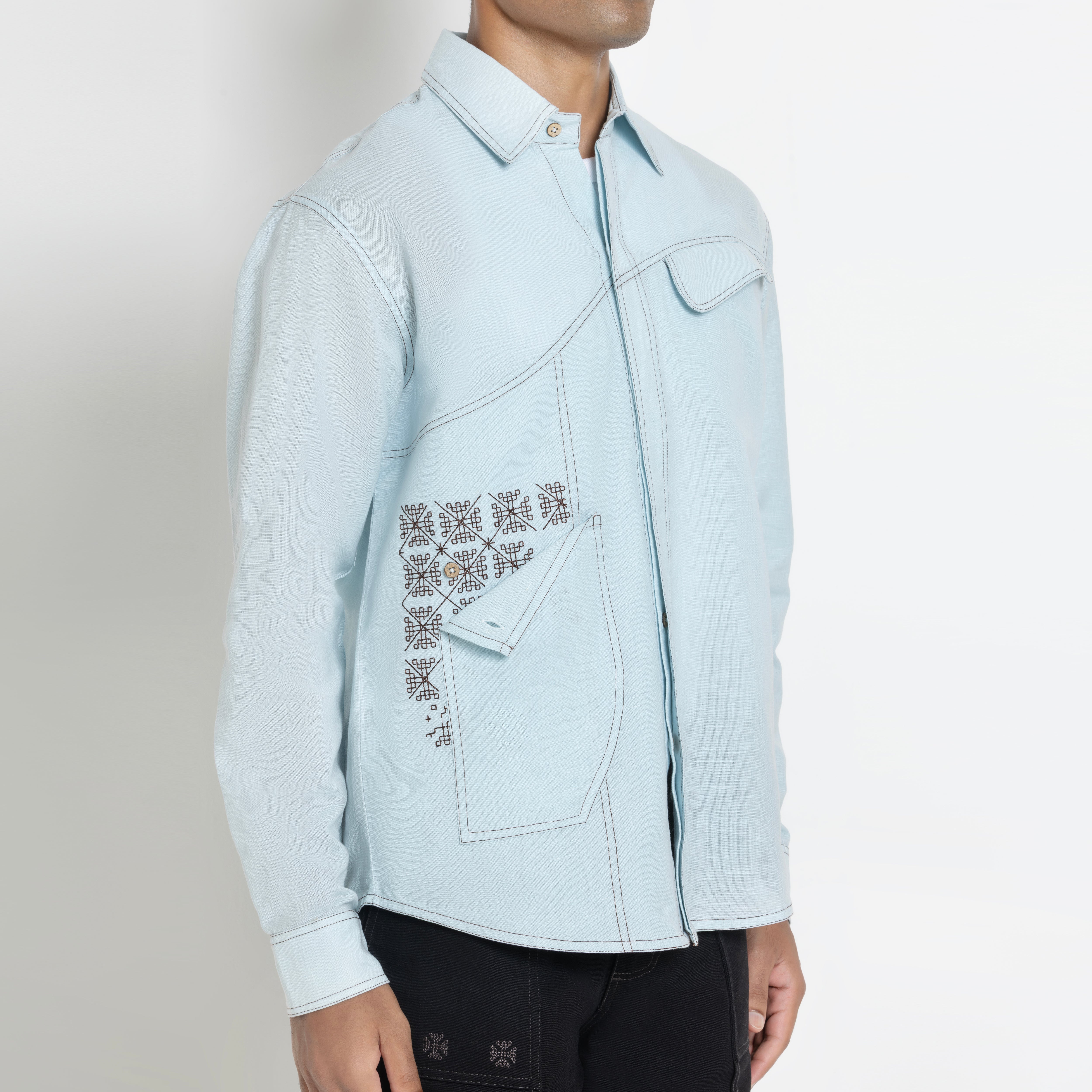Kara - Saddle-stitch Shirt - Powder Blue For Men