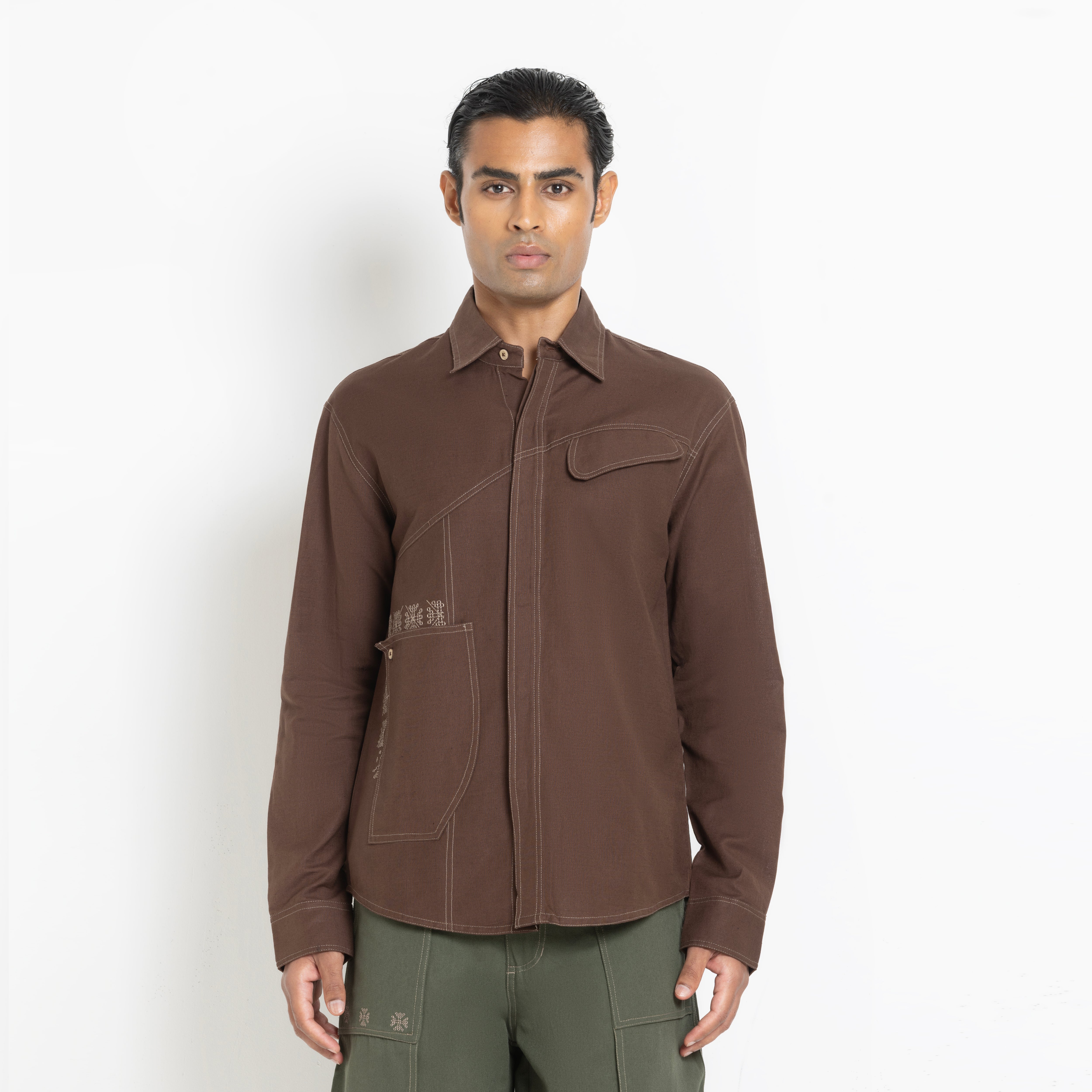 Kara - Saddle-stitch Shirt - Dark Brown For Men