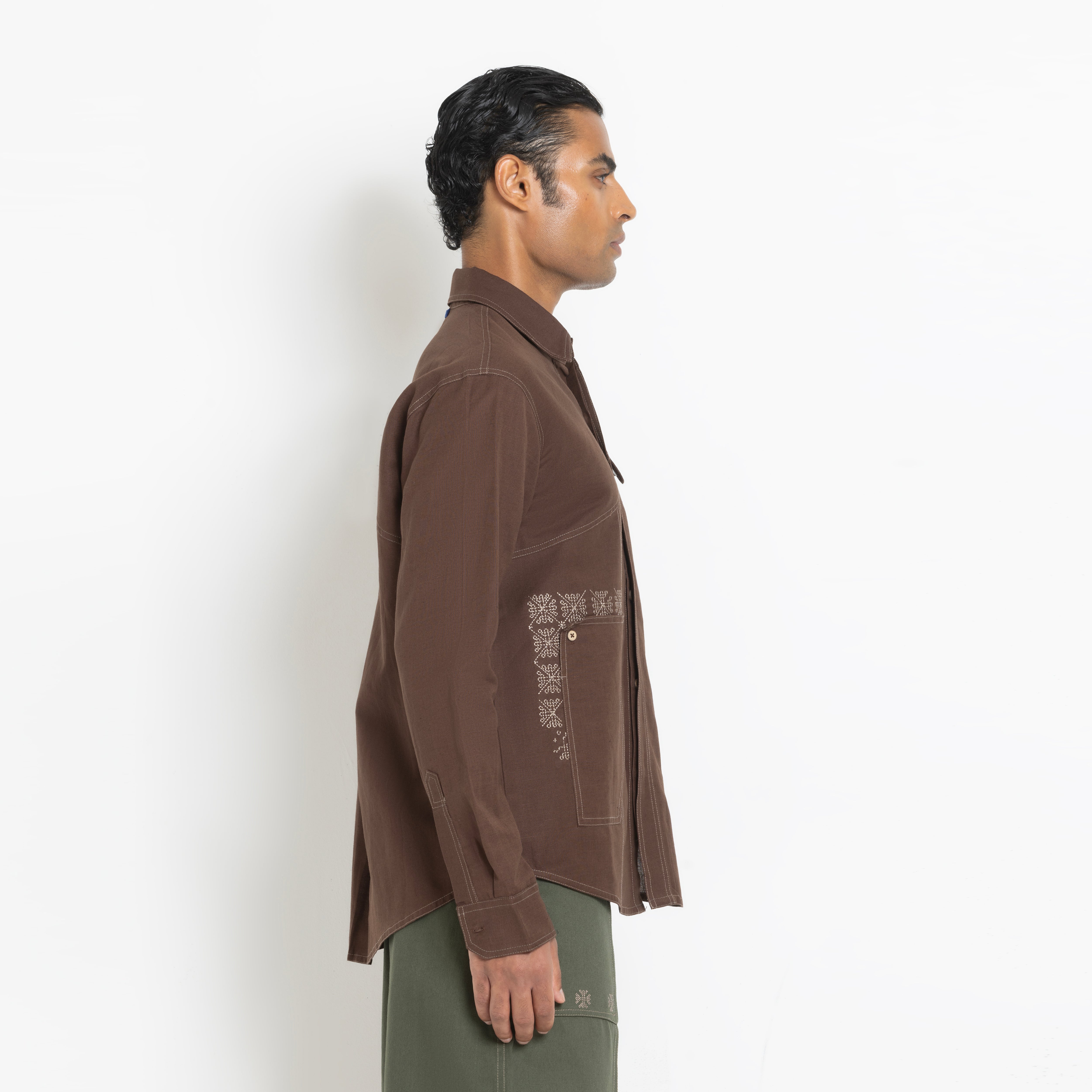 Kara - Saddle-stitch Shirt - Dark Brown For Men