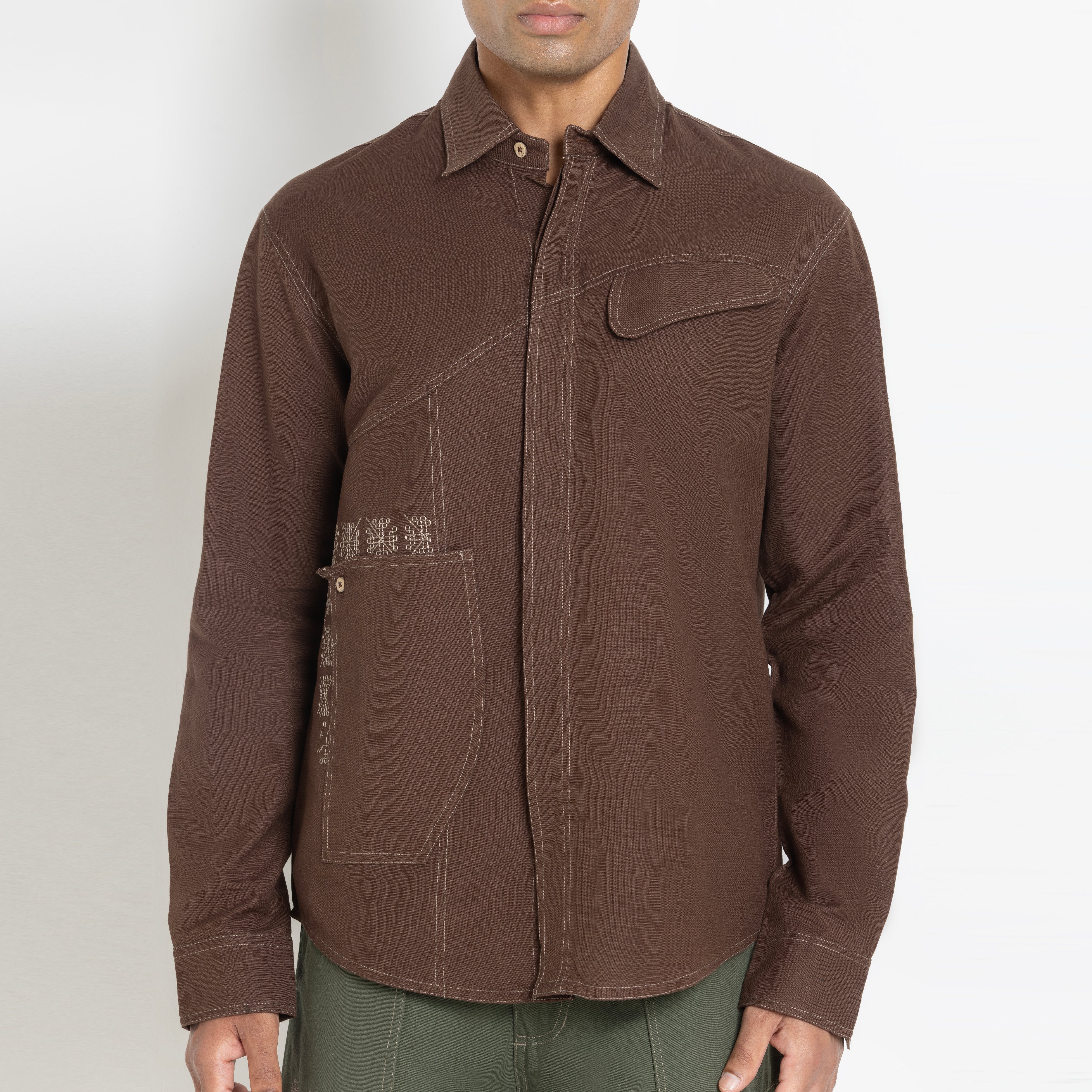Kara - Saddle-stitch Shirt - Dark Brown For Men