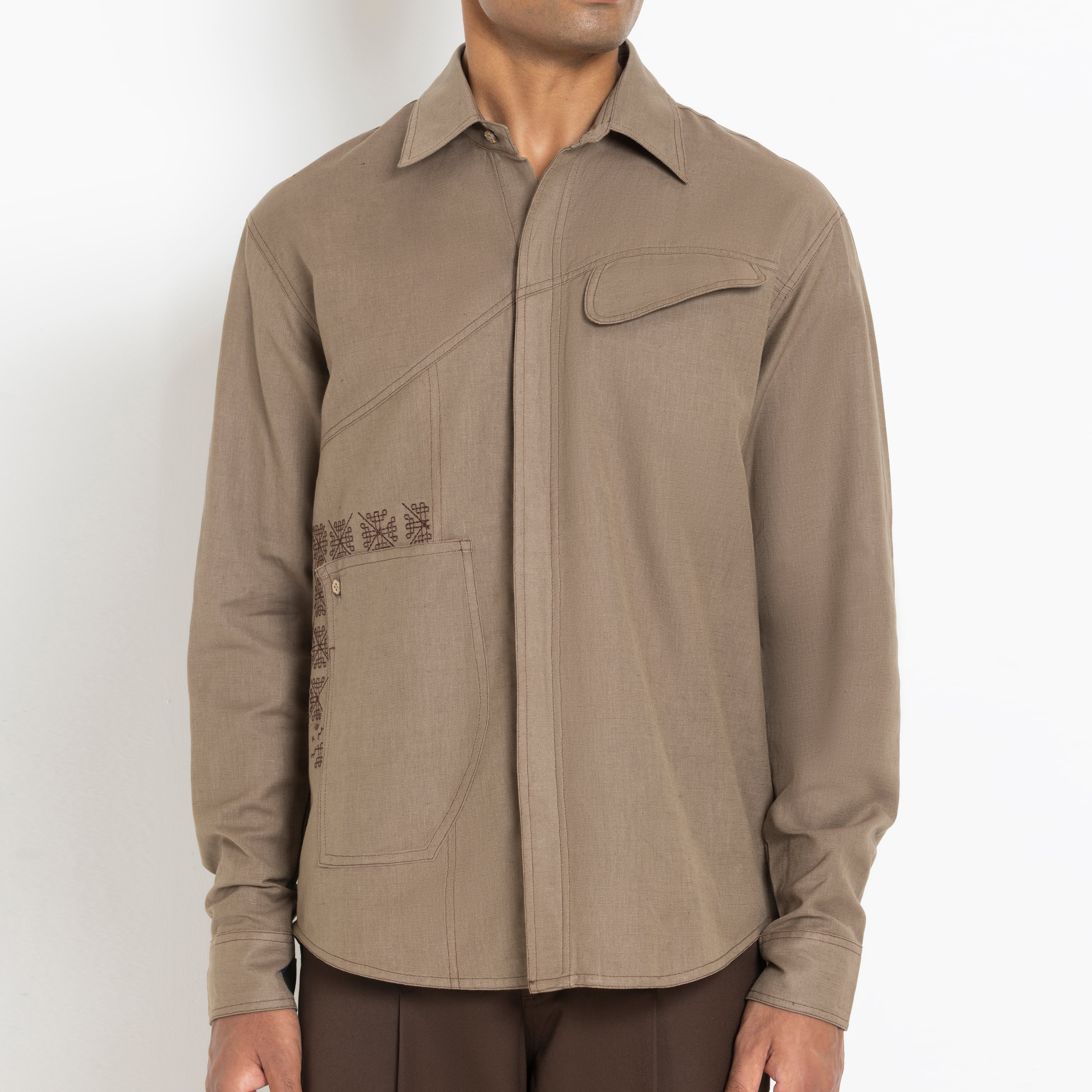 Kara - Saddle-stitch Shirt - Light Brown For Men