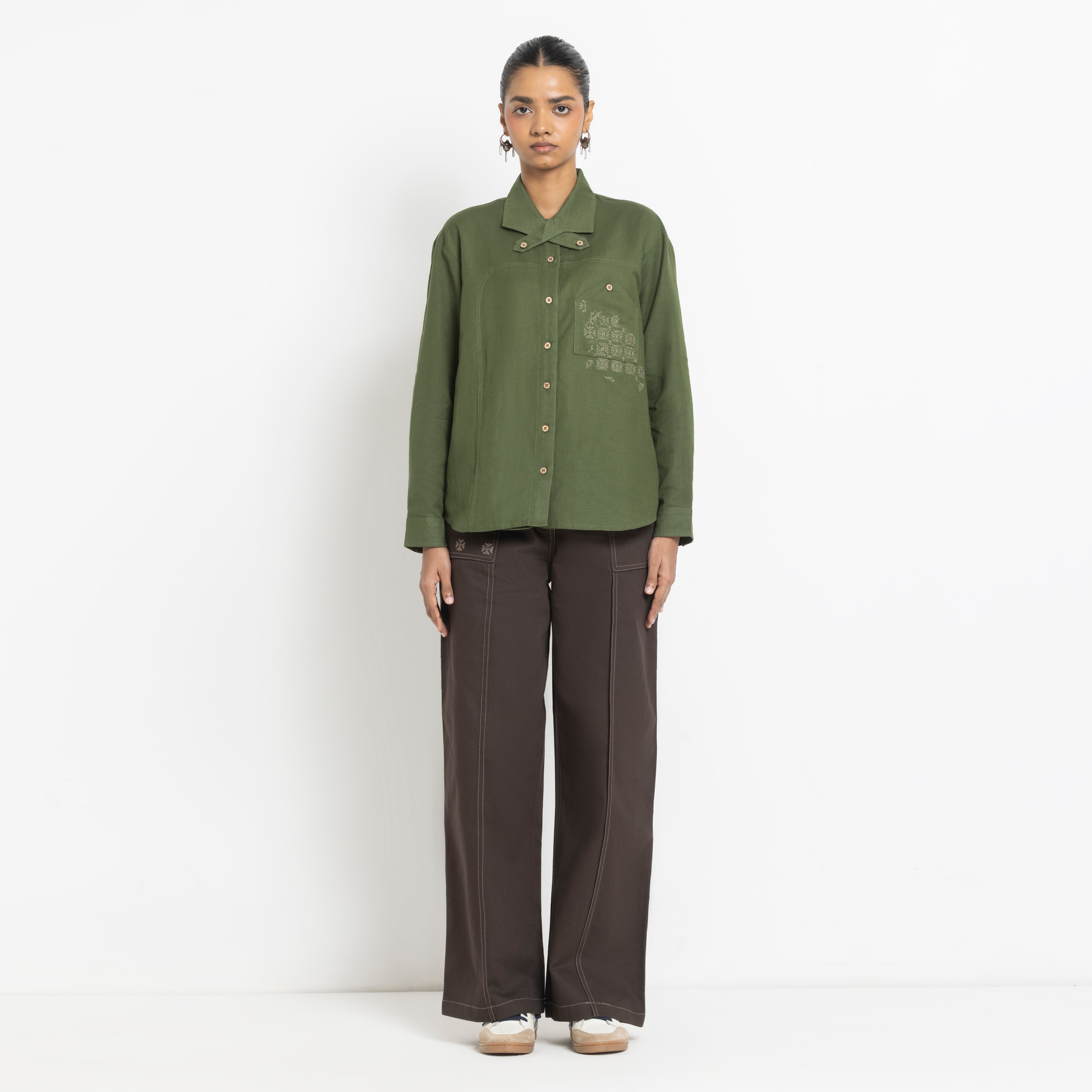Kara - Cross-collar Shirt - Olive Green For Women