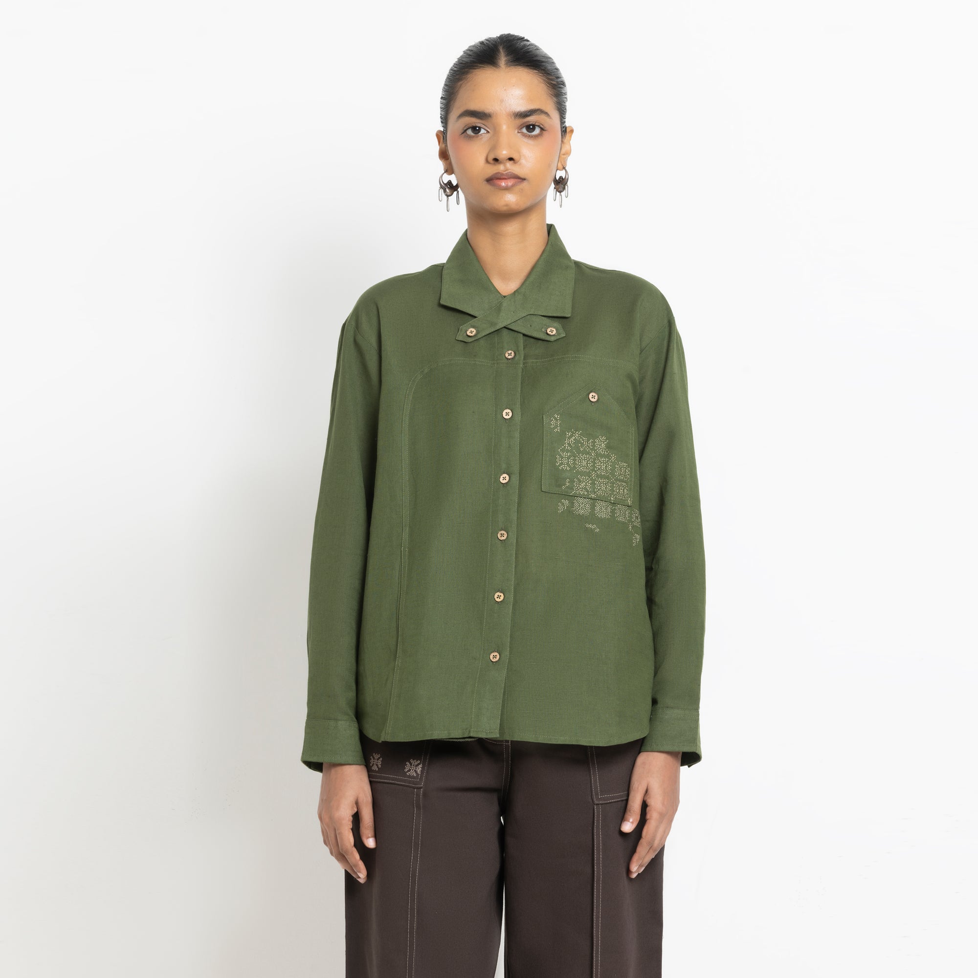 Kara - Cross-collar Shirt - Olive Green For Women