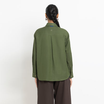 Kara - Cross-collar Shirt - Olive Green For Women