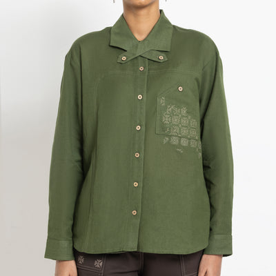 Kara - Cross-collar Shirt - Olive Green For Women