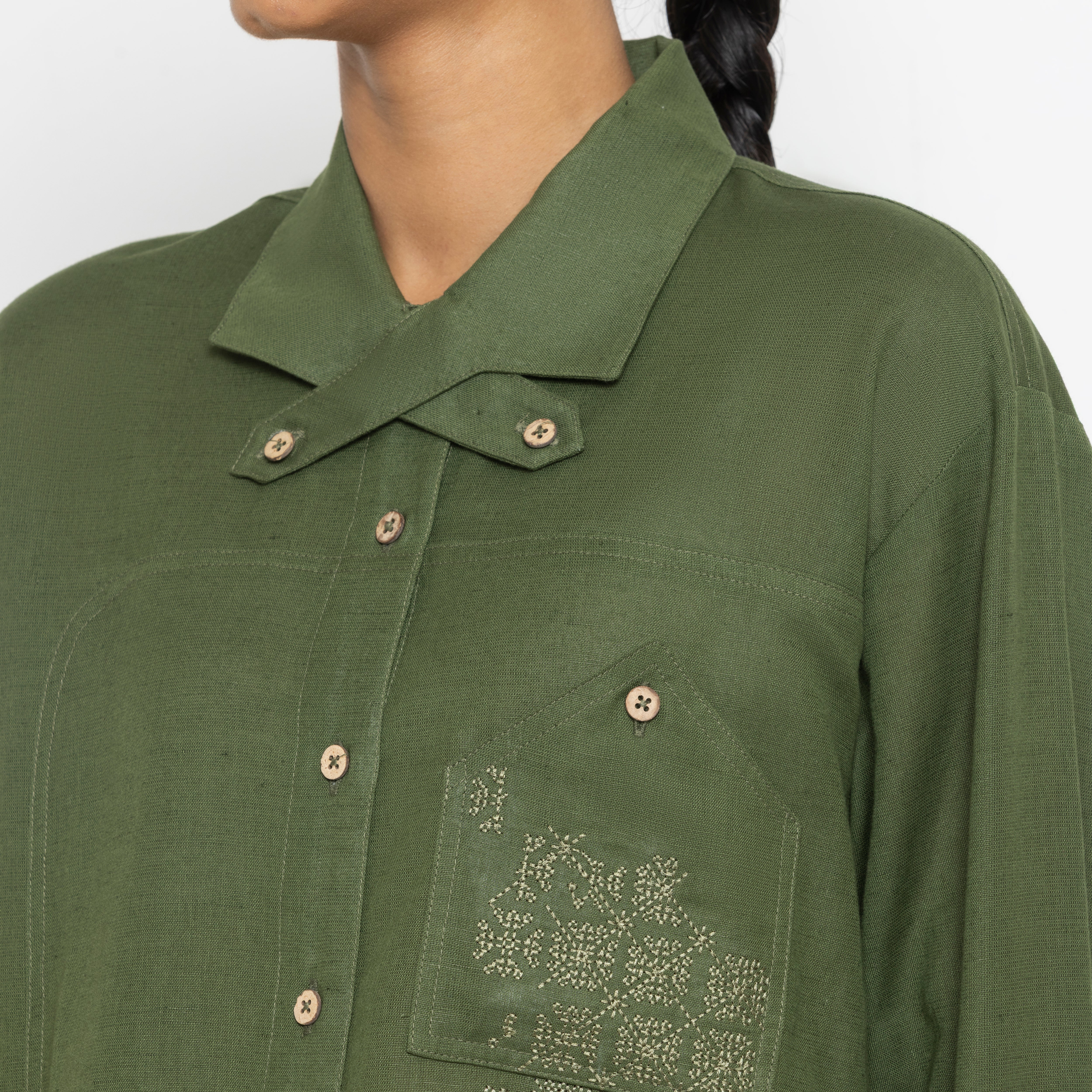 Kara - Cross-collar Shirt - Olive Green For Women