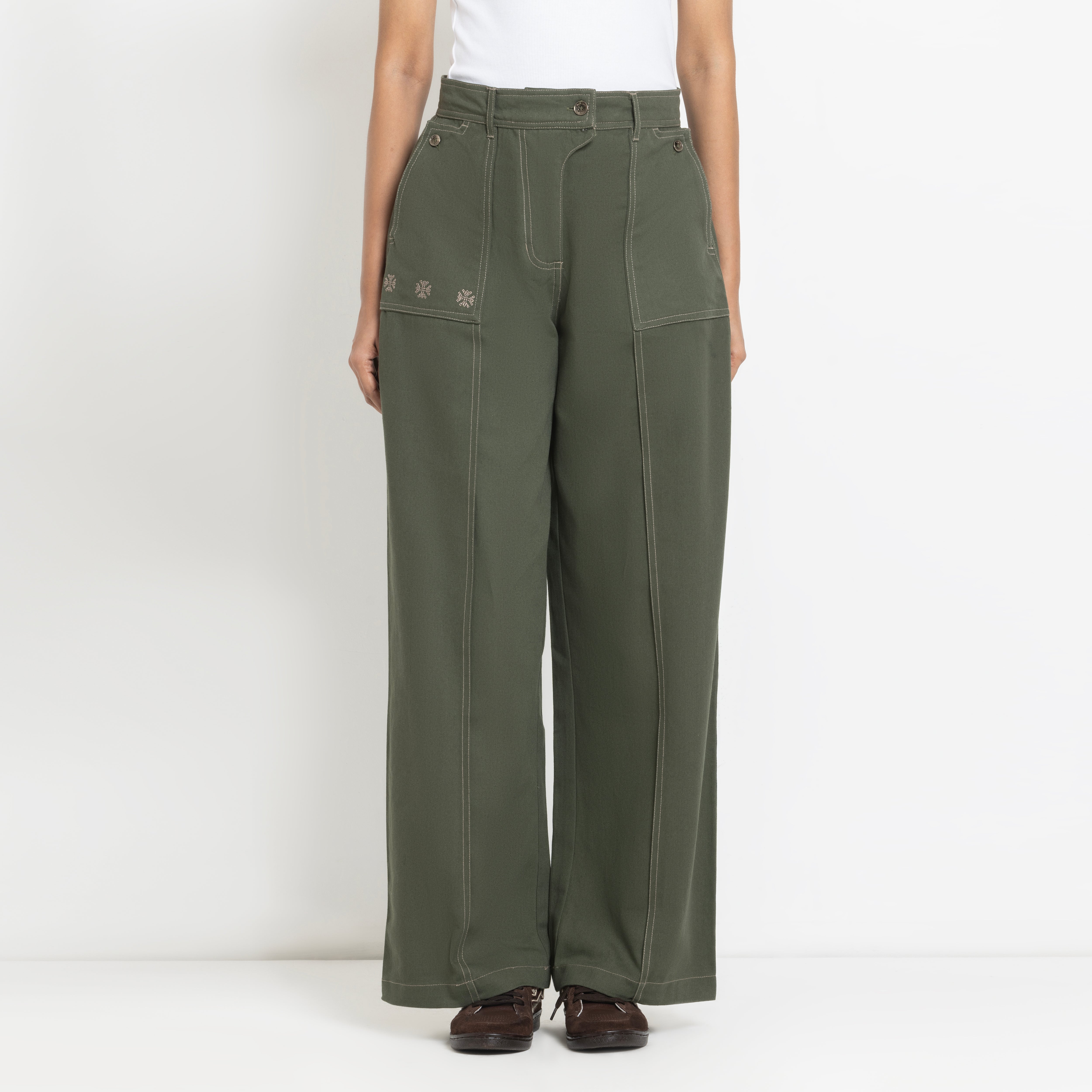 Kara - Pintuck Pant - Olive Green For Women