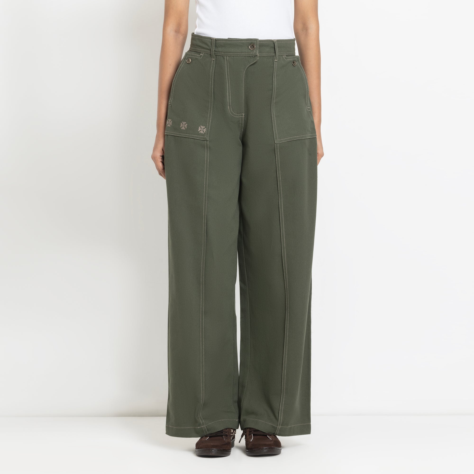 Kara - Pintuck Pant - Olive Green For Women
