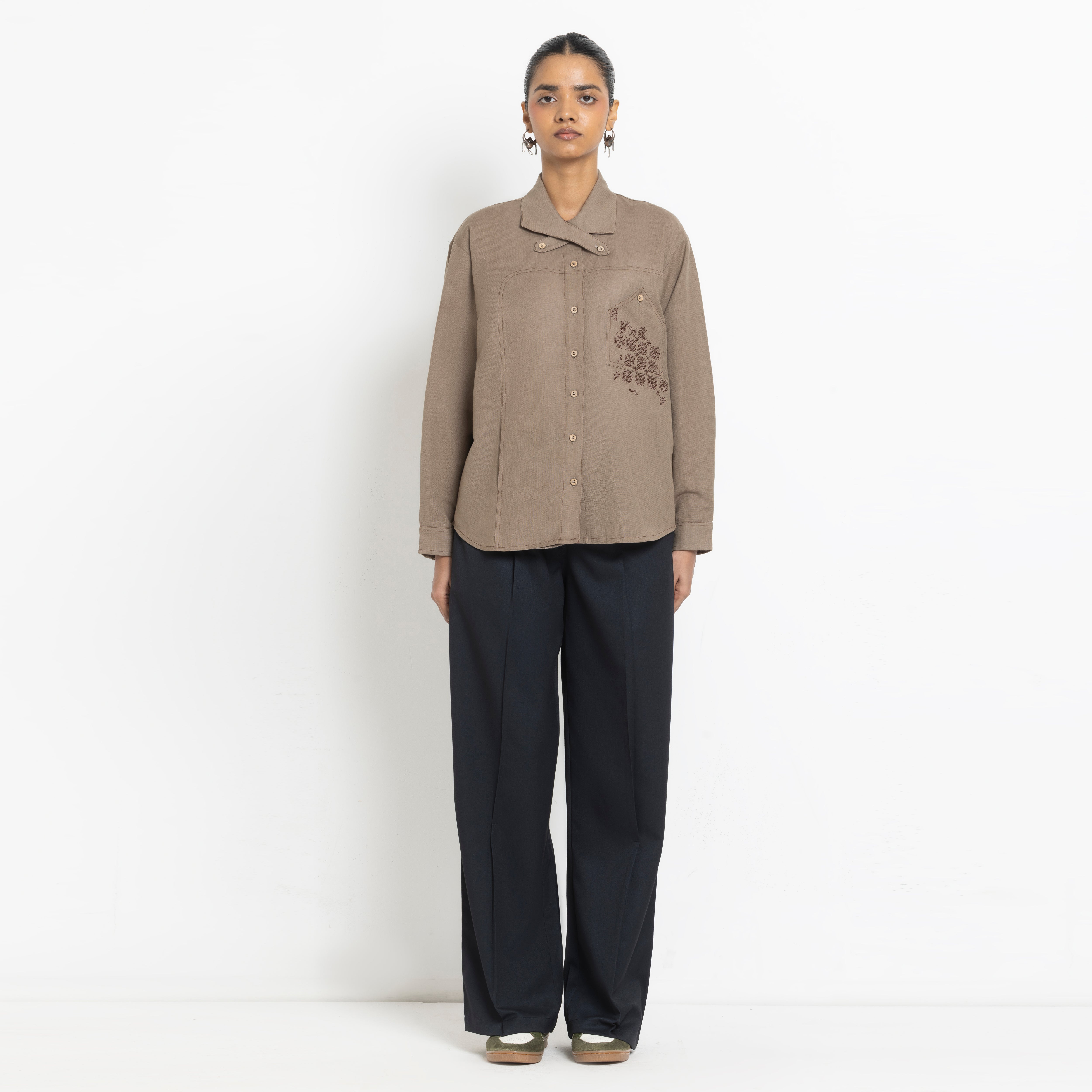 Kara - Cross-collar Shirt - Brown For Women