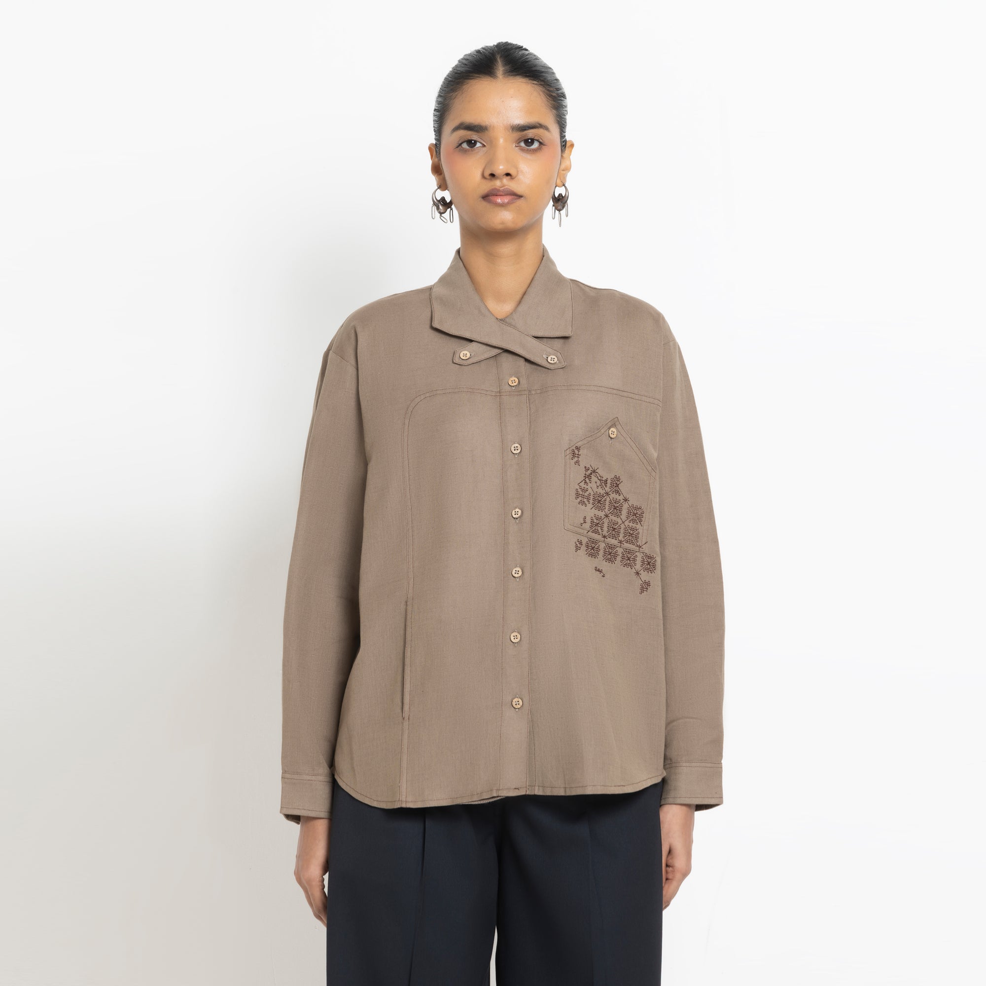Kara - Cross-collar Shirt - Brown For Women