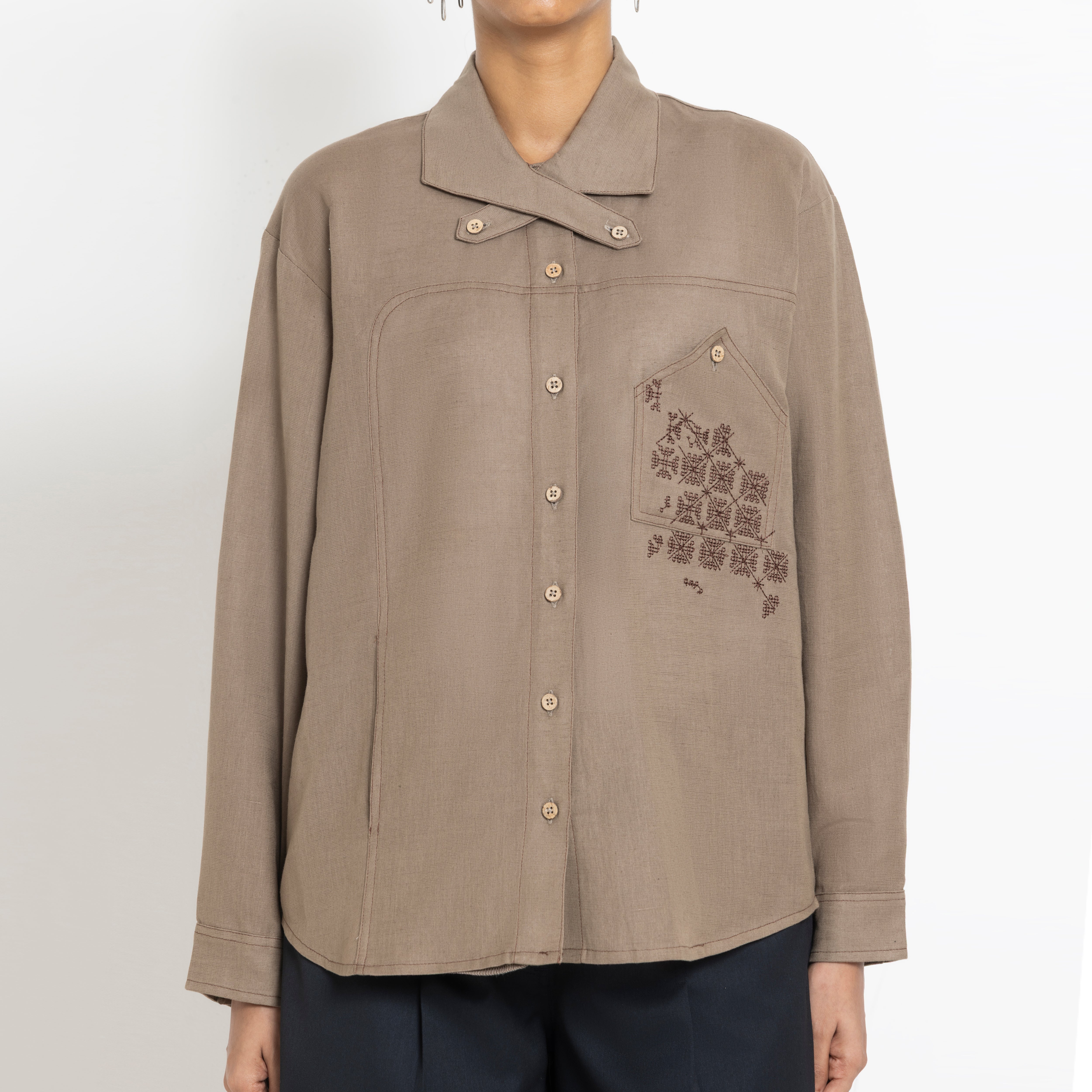 Kara - Cross-collar Shirt - Brown For Women