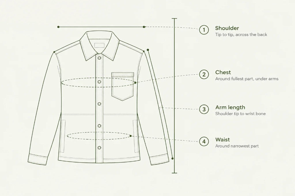 Shoulder, chest, arm length, and waist on a shirt